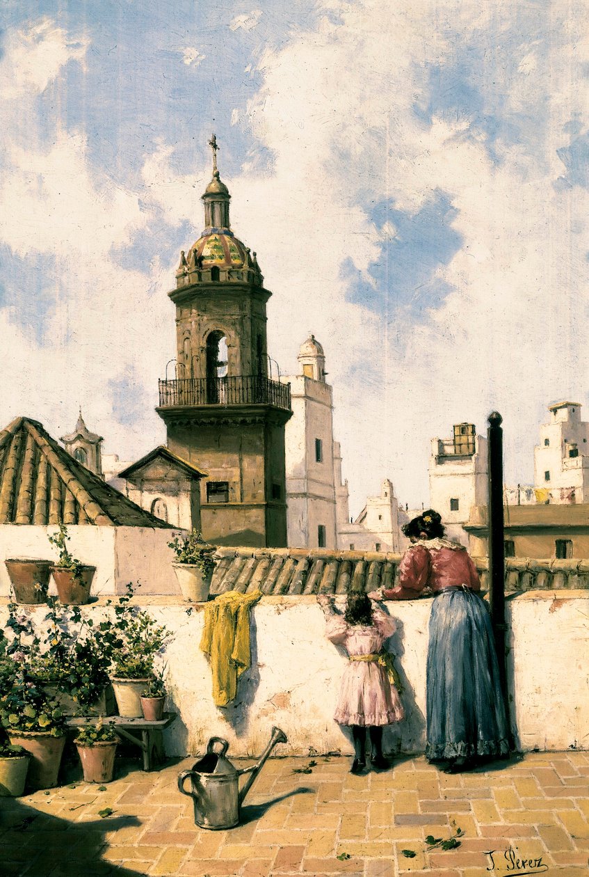 Takterrass i Cadiz. En mor och dotter vattnar förmodligen växterna med vattenkanna mitt på altanen. Målning av Jose PEREZ SIGUIMBOSCUM (1800-talet), sent 1800-tal Olja på duk. Cadiz, Museo Provincial de Cadiz. av Jose Perez Siguimboscum