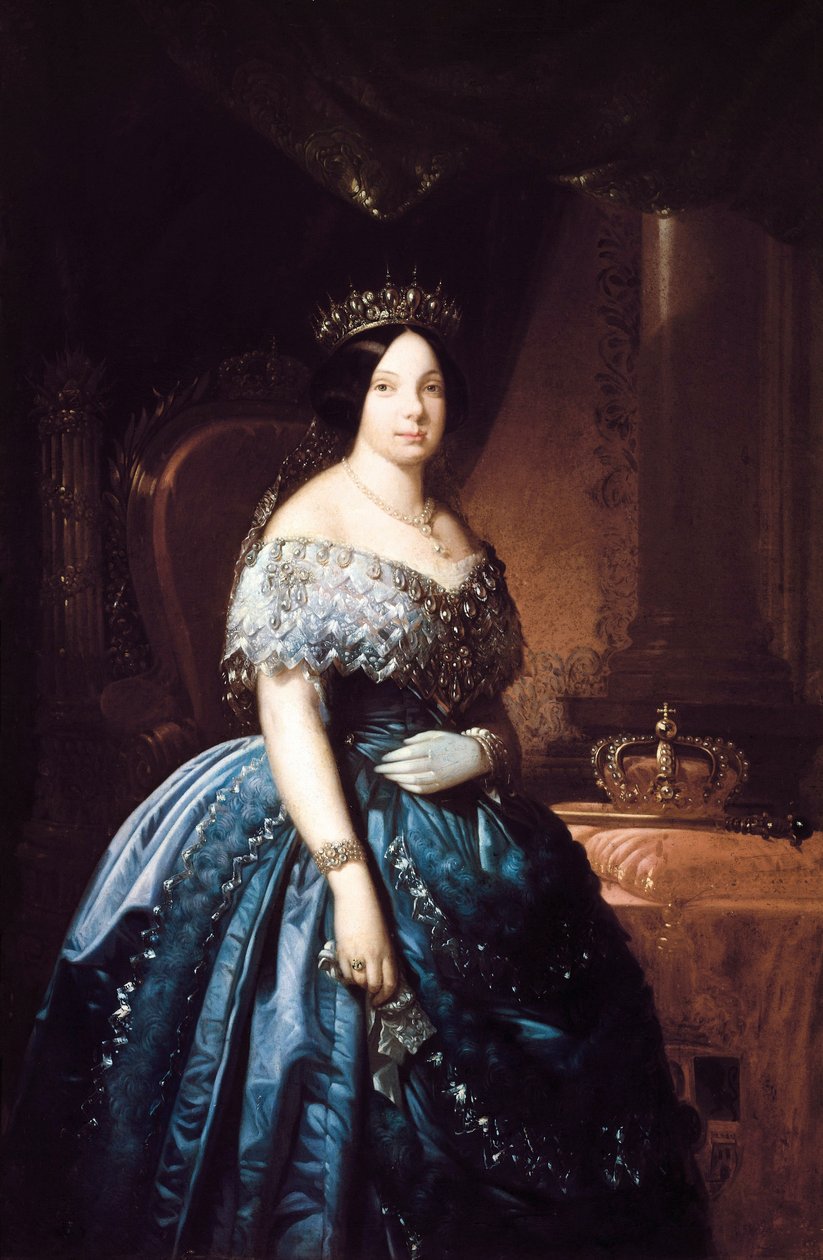 Porträtt av Isabella de Bourbon (Isabel de Borbon) II (1830-1904), drottning av Spanien från 1833 till 1868. Målning av Jose Romeu (?). Olja på duk av Jose Romeu
