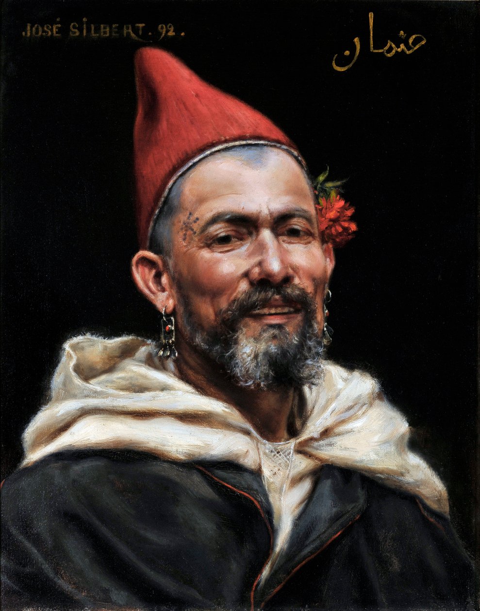 Head of Marockan Porträtt av man med hål i öronen och röd hatt, med en blomma i örat och en tatuering på templet 1892 (målning) av Jose Silbert