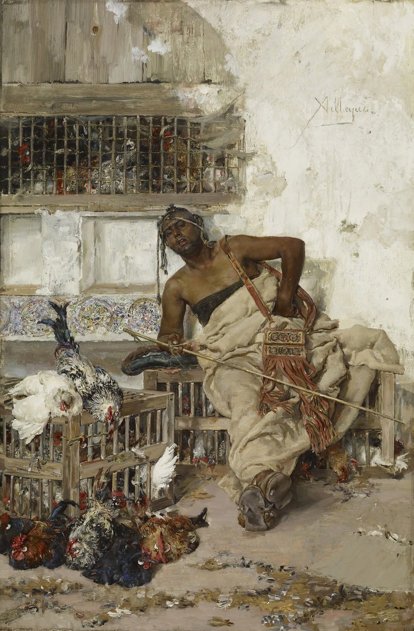 Fjäderfämarknad, Tanger, ca 1881 (olja på trä) av Jose Villegas Cordero