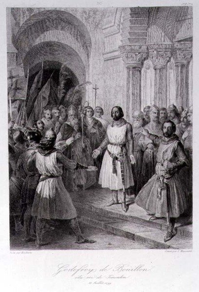 Godfrey of Bouillon (c.1060-1100) Vald till kung av Jerusalem, graverad av Leopold Massard (1812-89) (gravyr) av Jose de (after) Madrazo y Garreta
