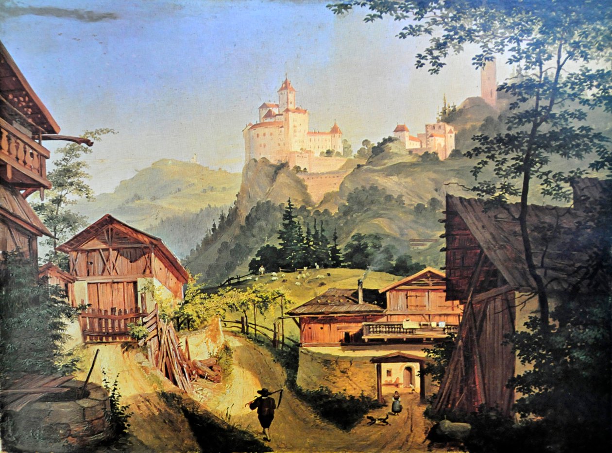 Waidbruck med Trostburg i bakgrunden av Josef Arnold derJüngere