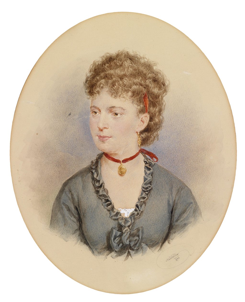 Bildnis einer jungen Frau mit rotem Halsband und Medaillon av Josef Nikolaus Kriehuber