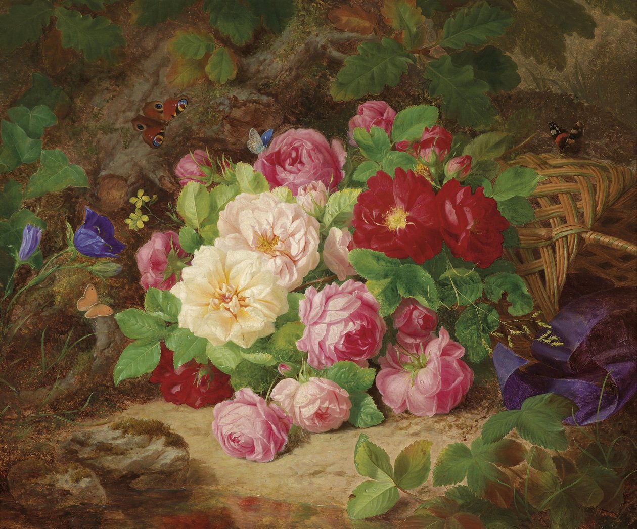 Rosenstück am Waldboden mit Schmetterlingen, Korb und blauem Band av Josef Lauer
