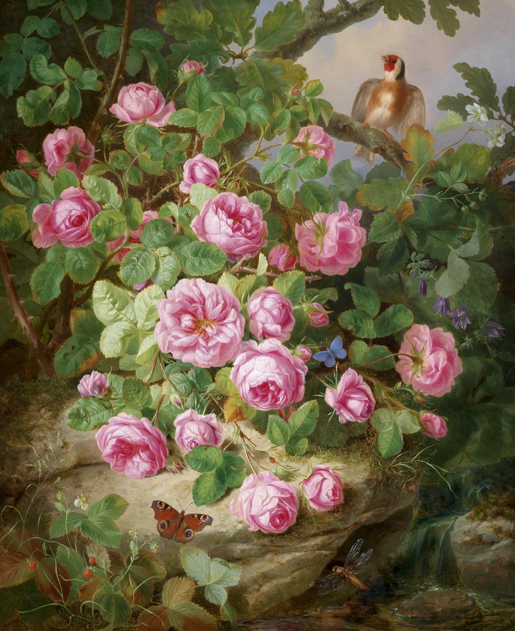 Rose stilleben med fjärilar och fågel av Josef Lauer