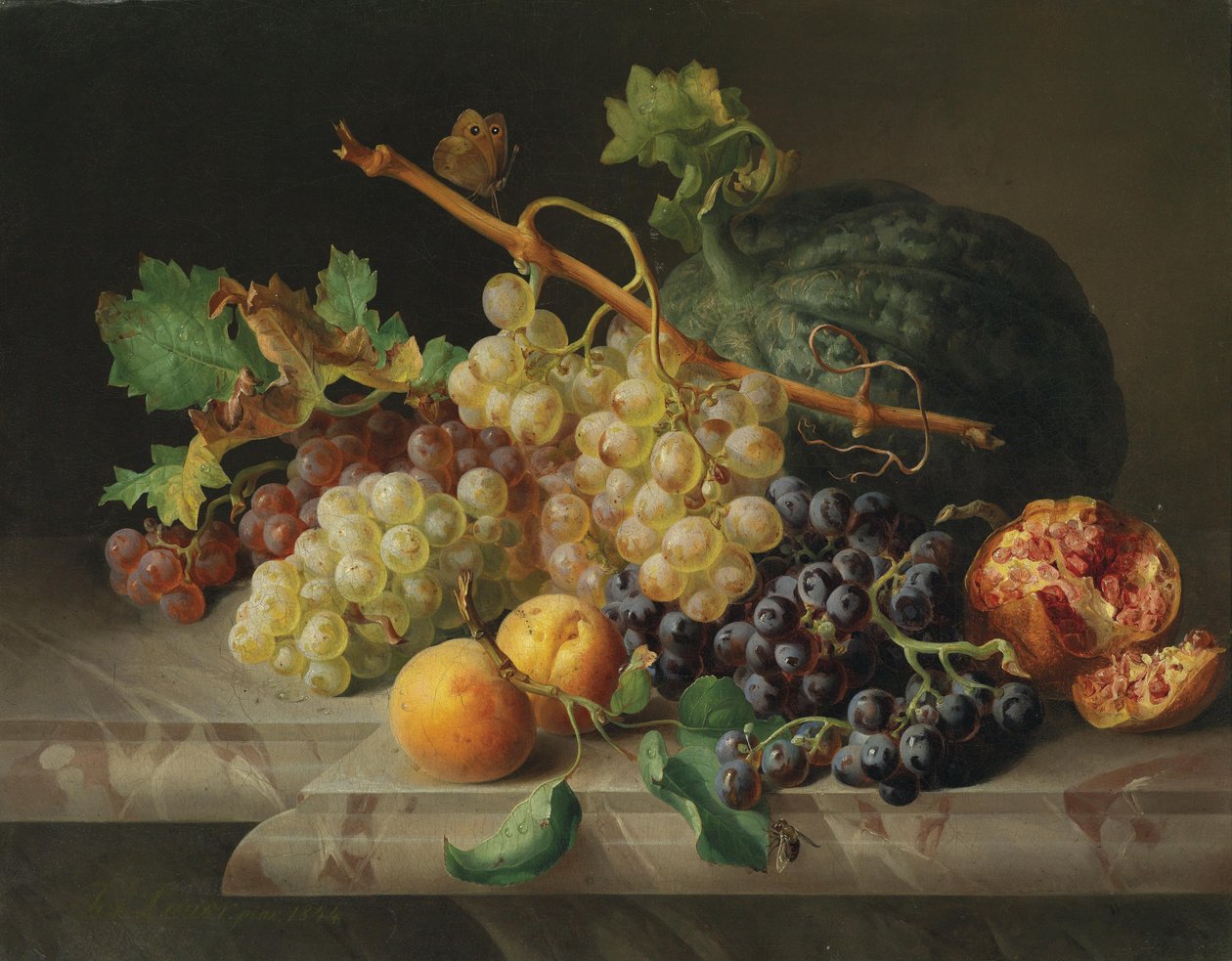 Stilleben med granatäpple, druvor och melon av Josef Lauer