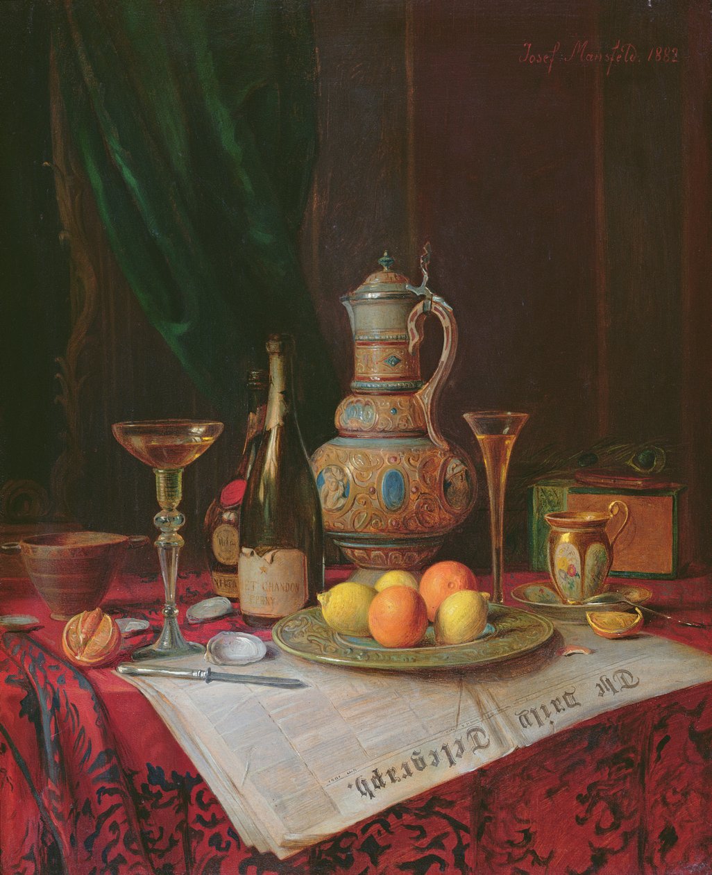 Stilleben med en flaska champagne, 1882 (panel) av Josef Mansfeld