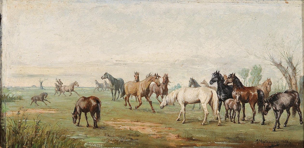 Herd of Horses with Herdsman av Josef Mathauser