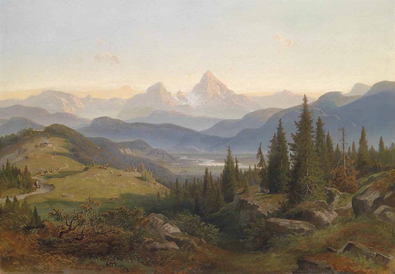 Landschaft mit Gebirgskette, im Hintergrund der Watzmann av Josef Mayburger