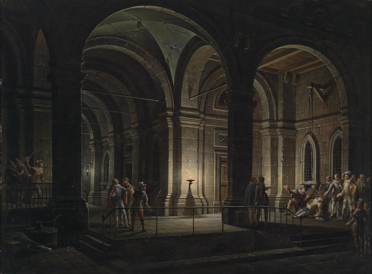 Phantastische Gefängnisarchitektur mit Figuren im Kostüm des 17. Jahrhunderts av Josef Platzer
