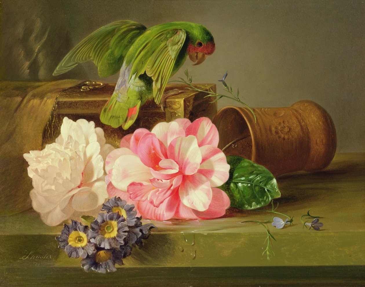 Stilleben med papegoja, 1879 av Josef Schuster