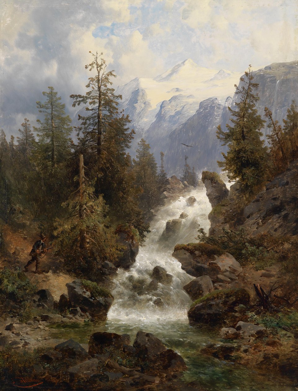 Jäger am Wasserfall av Josef Thoma