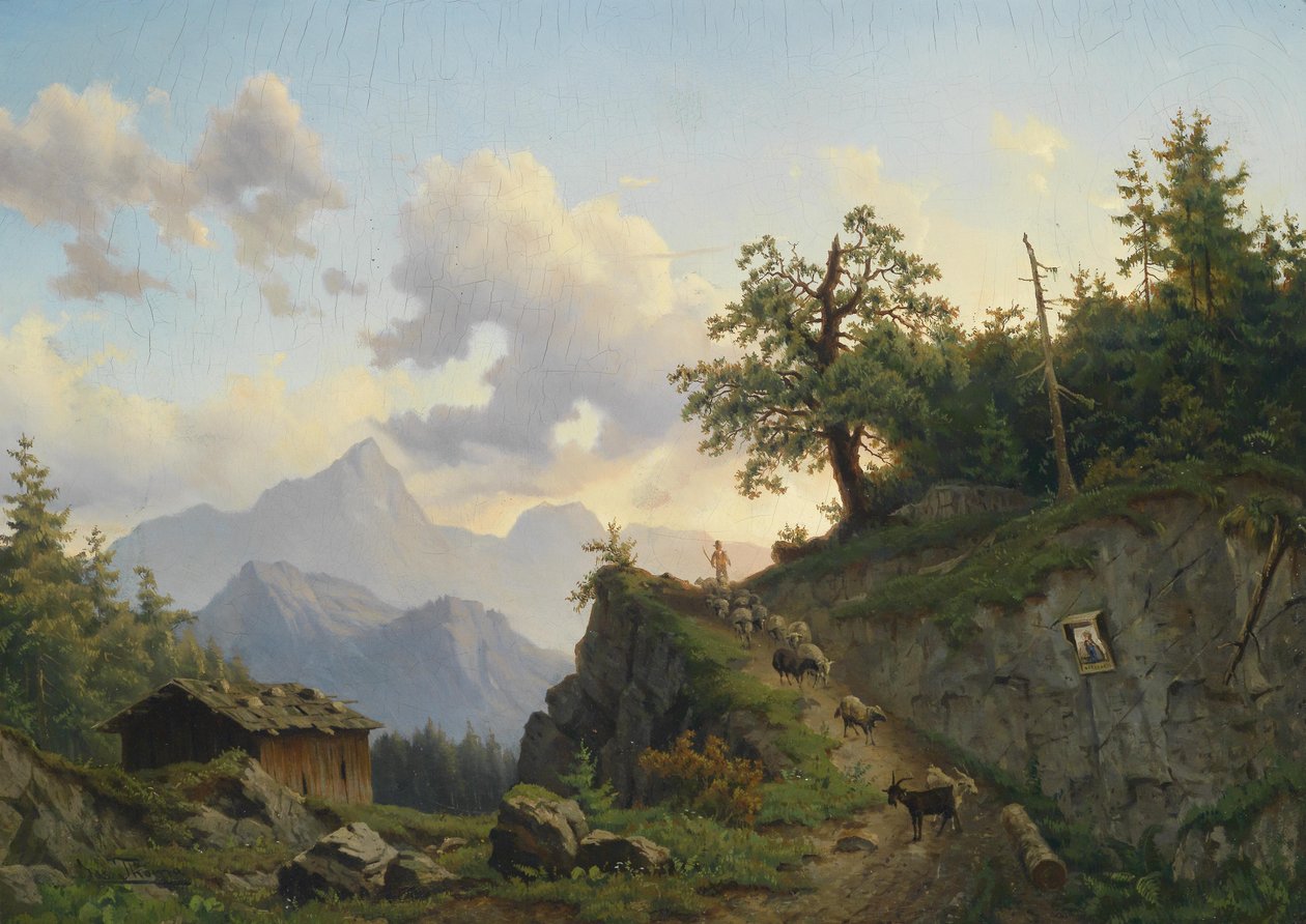 Schafhirte mit seiner Herde am Heimweg av Josef Thoma