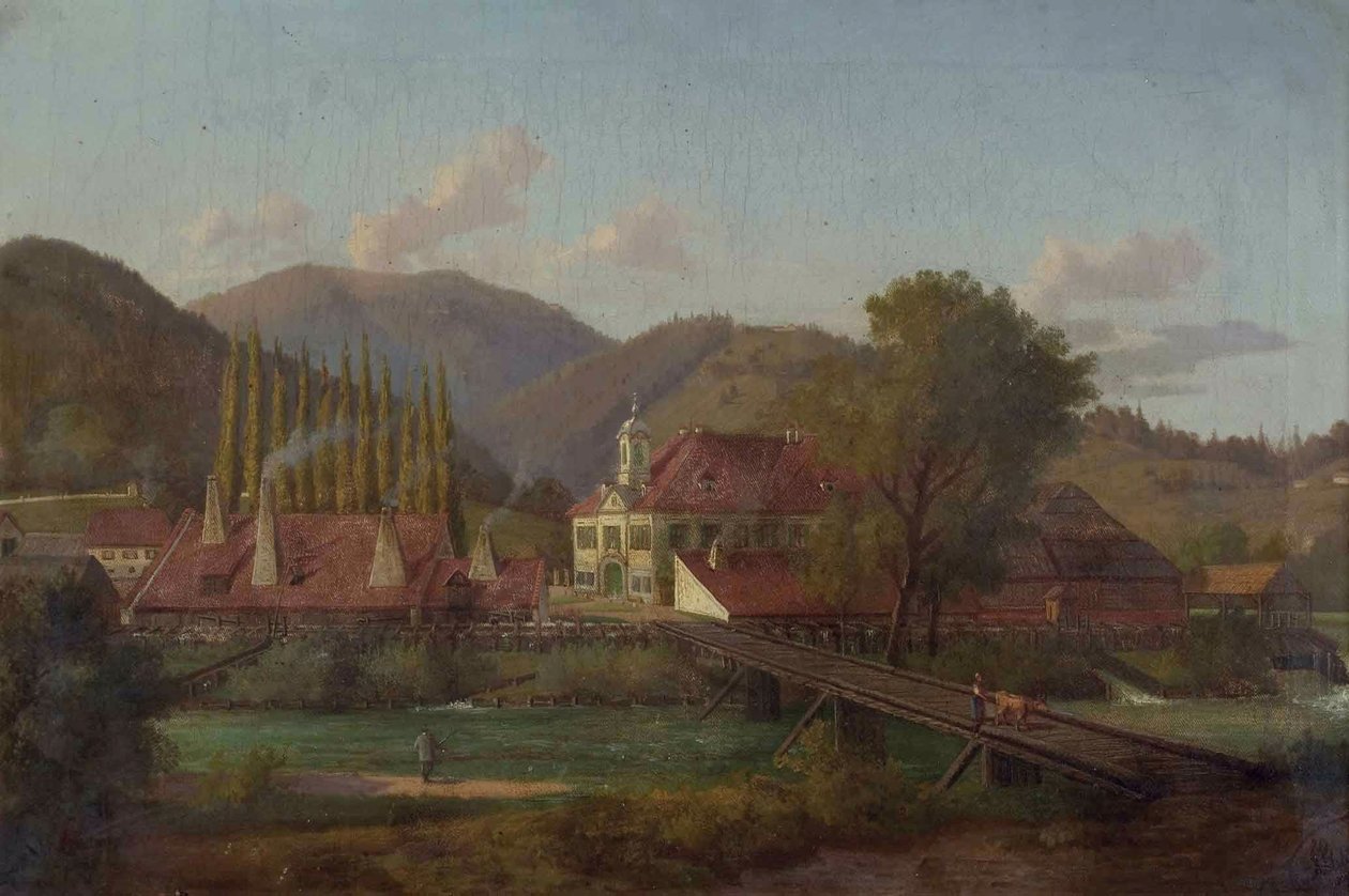  Fabriksgelande an einem Fluss  av Josef von Schlogl