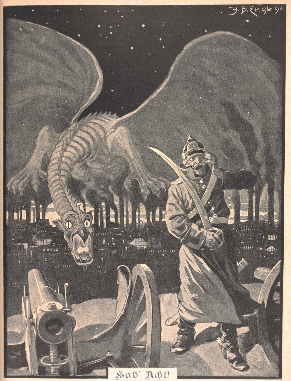 Teckning till dikten "Som natt". En drake som produceras av röken från fabriker, bakom en tysk soldat. En surrealistisk scen. av Josef Benedikt engl