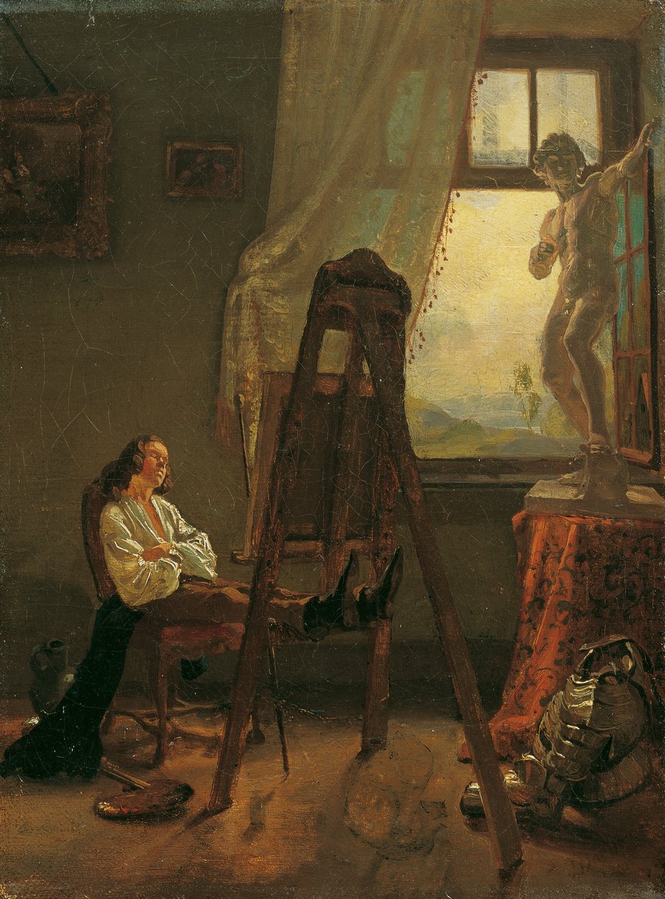 Målaren som har somnat i ateljén av Josef Danhauser