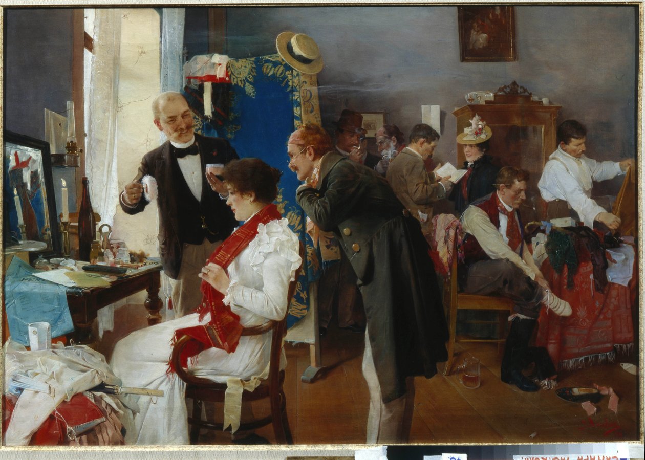 ""Dans la loge"" (I omklädningsrummet) Konstnärer förbereder sig inför föreställningen Målning av Josef Douba (1866-1928) Sent 1800-tal Olja på duk - Privat samling av Josef Douba