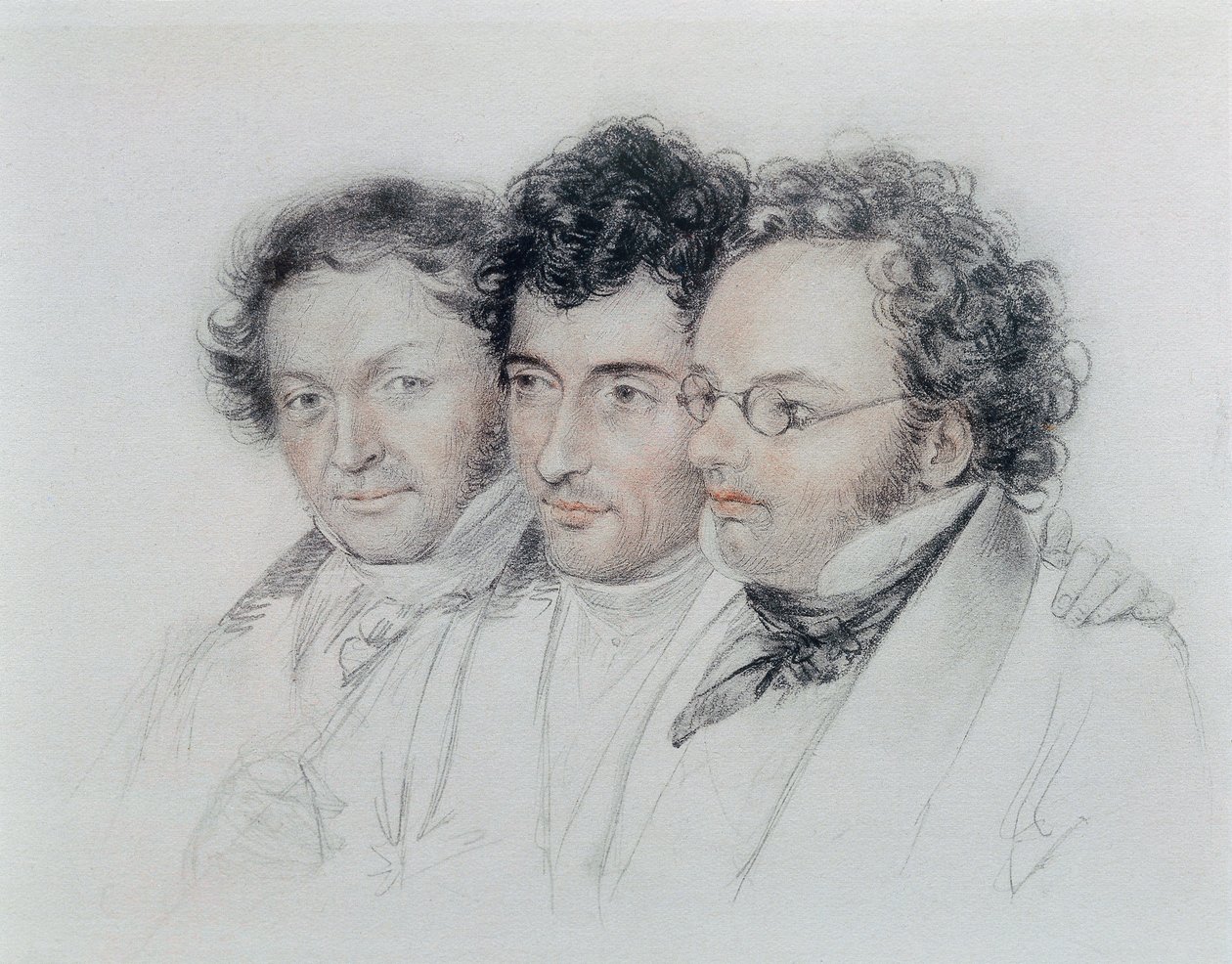 Från vänster till höger vänner till kompositörerna Johann Baptist Jenger (1793-1856), Anselm Huttenbrenner (1794-1868) och Franz Schubert (1797-1828), pastell av Josef Teltscher av Josef Eduard Teltscher