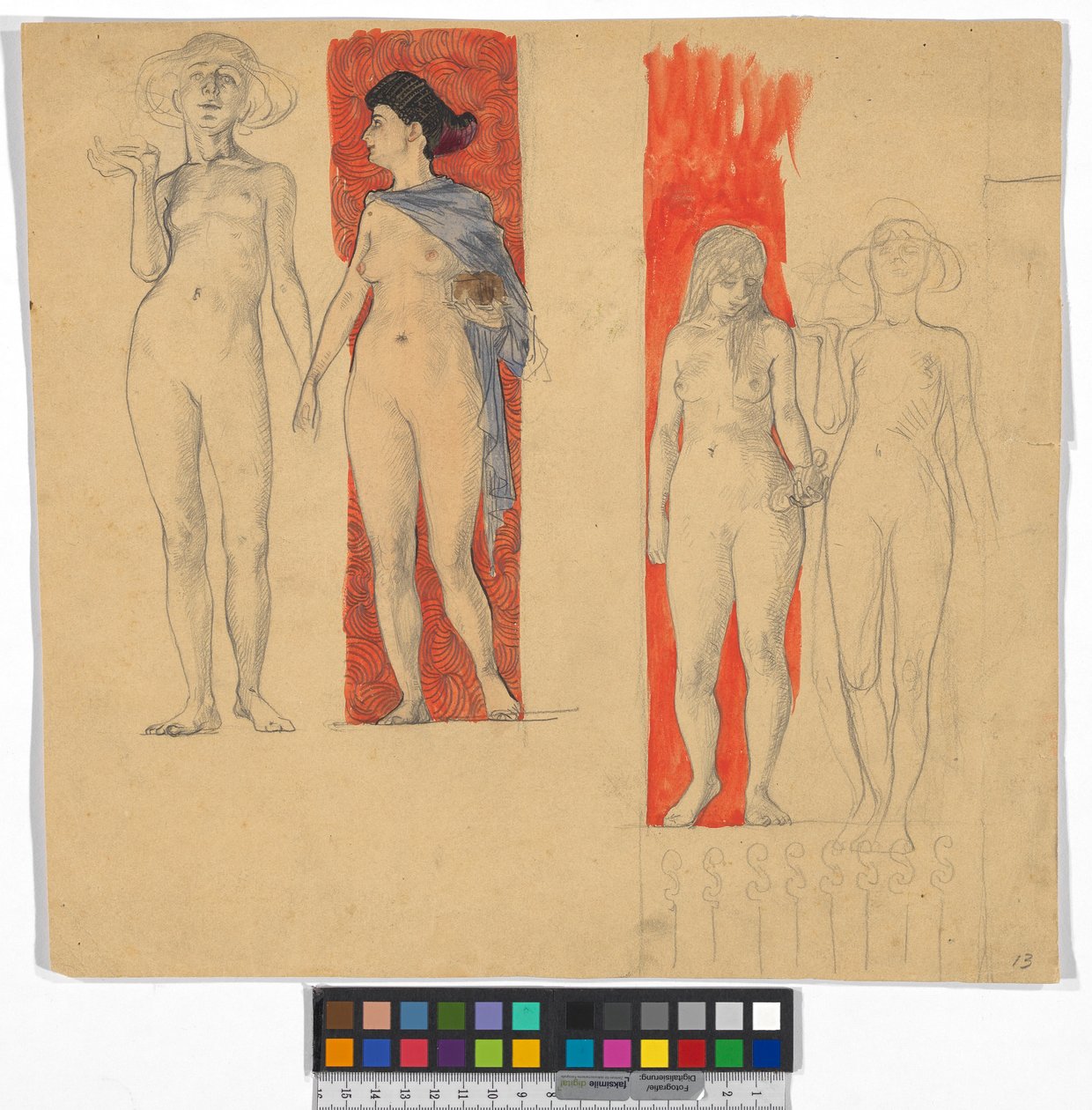 Vier Frauenakte (Studie zum Ferdinand Raimund Zyklus im Schloss Kogl, Attergau?) av Josef Engelhart
