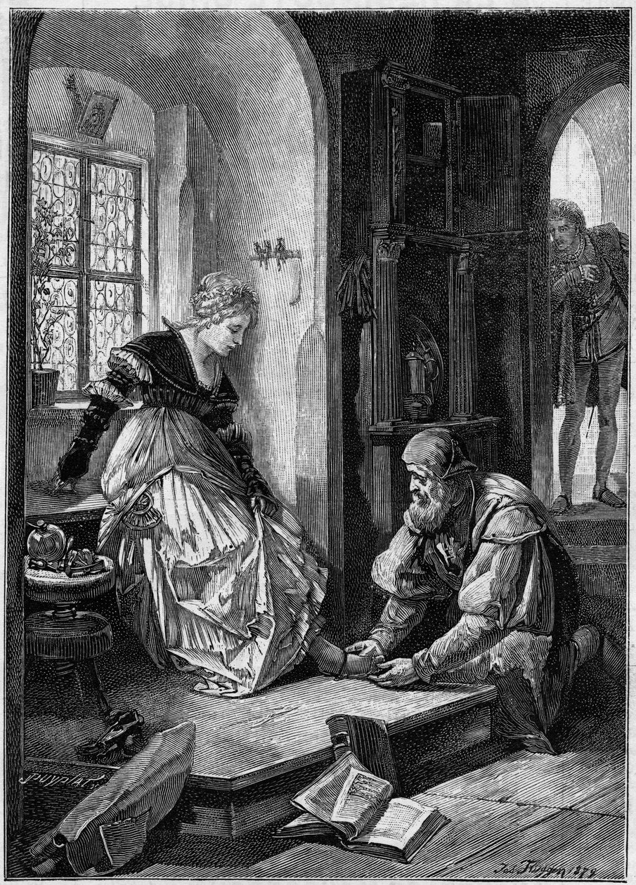 Eva i Hans Sachs verkstad (akt III i operan “Die Meistersinger von Nurnberg””, på franska “The Master Singers of Nurnberg”” av Richard Wagner, skriven 1868) baserad på Joseph Fluggens målning. Gravyr i "The Illustrous World" av Josef Fluggen