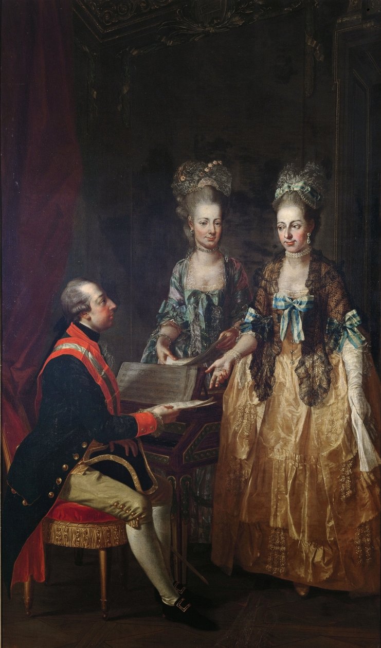 Porträtt av kejsar Josef II vid spinetten med sina systrar Maria Elisabeth och Maria Anna. av Josef Hauzinger