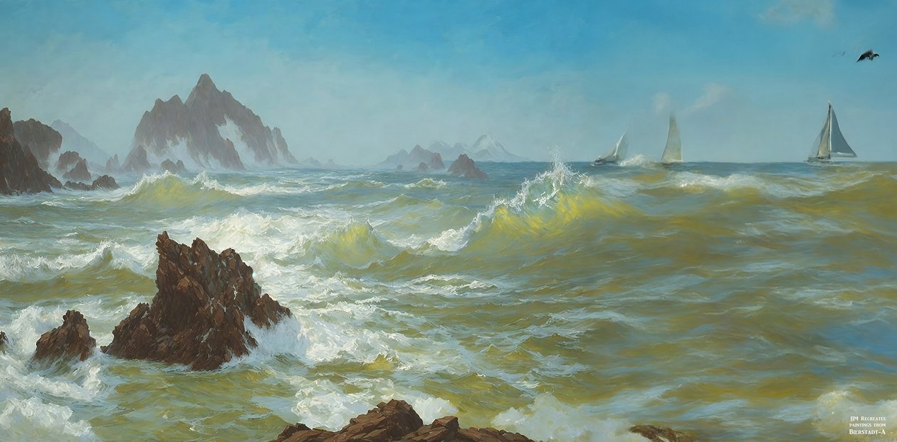 JJM återskapar Bierstadt-A: Seal Rock California (med segelfartyg) av Josef Johann Michel