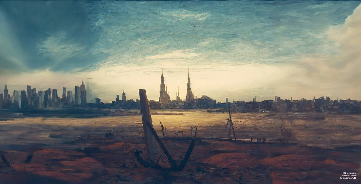 JJM återskapar Friedrich-C-D: City at moonrise (höghus) av Josef Johann Michel