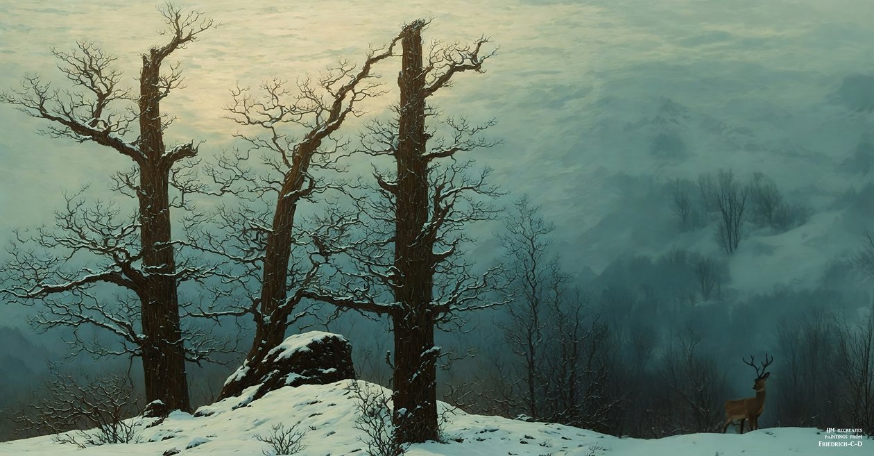 JJM återskapar Friedrich-C-D: Hög med stenar i snön (panorama) av Josef Johann Michel