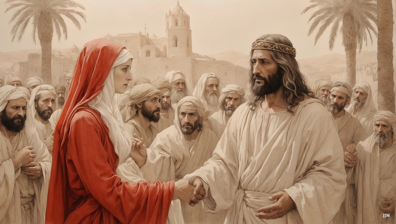 Jesus räddar äktenskapsbryterskan från stening_01 av Josef Johann Michel