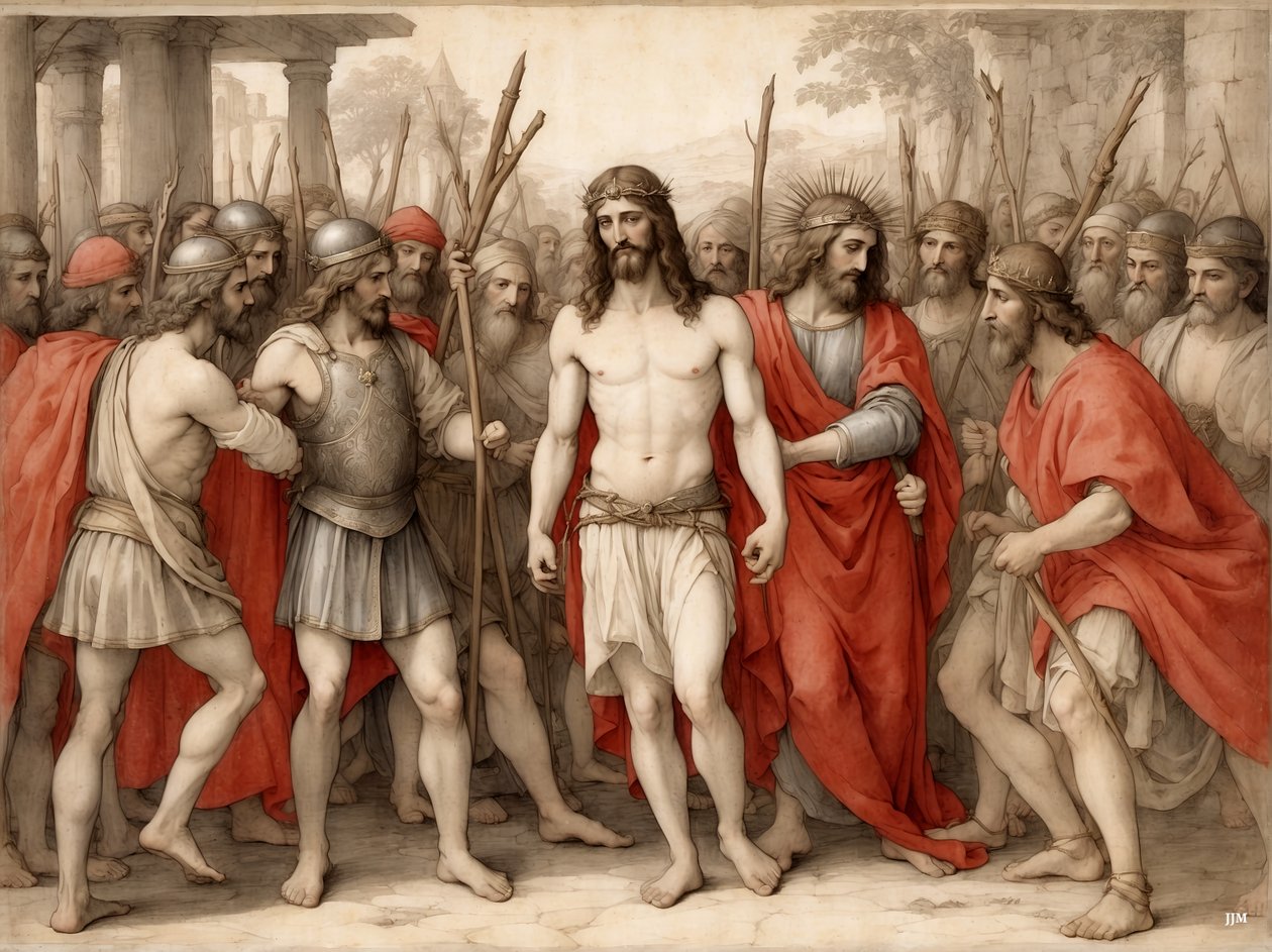Jesus_hånad och slagen av romerska soldater_02 av Josef Johann Michel