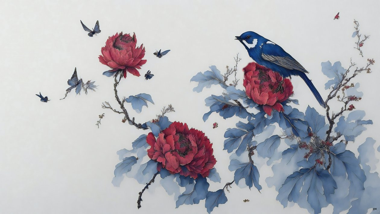 bläckmålning: PION i blått_01 av Josef Johann Michel