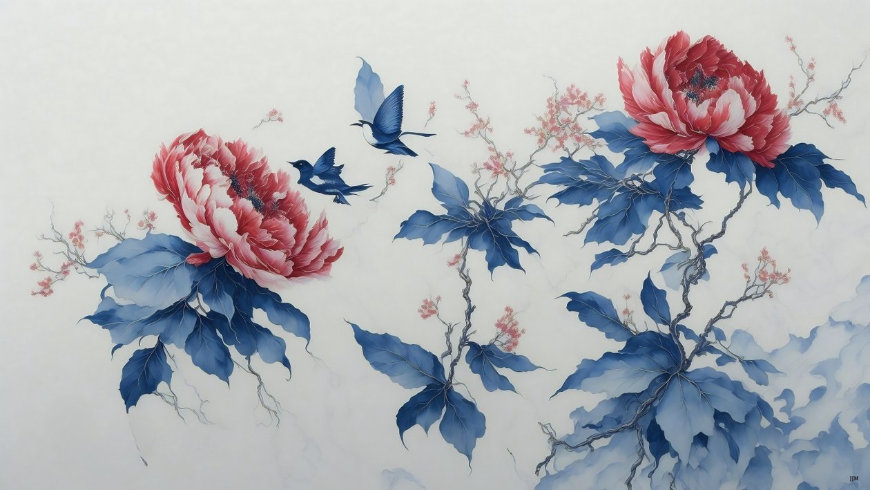bläckmålning: PION i blått_02 av Josef Johann Michel