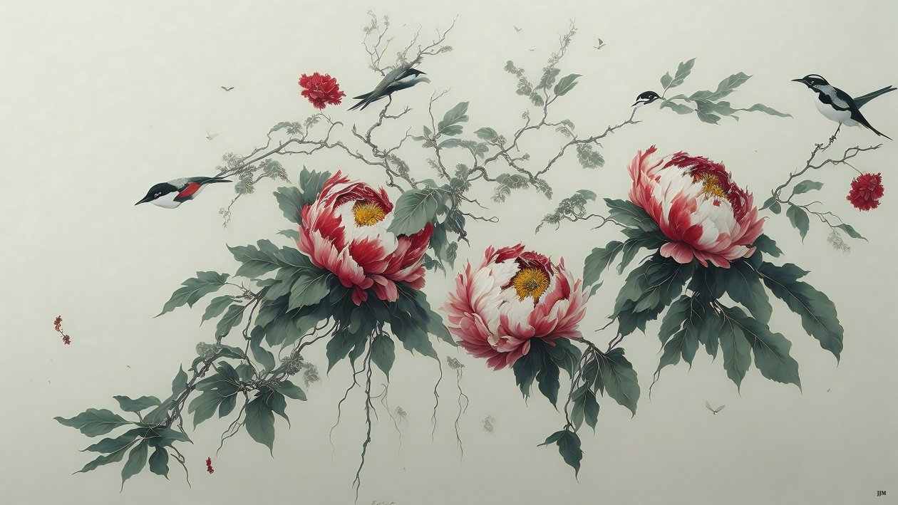 bläckmålning: PION i grönt_02 av Josef Johann Michel