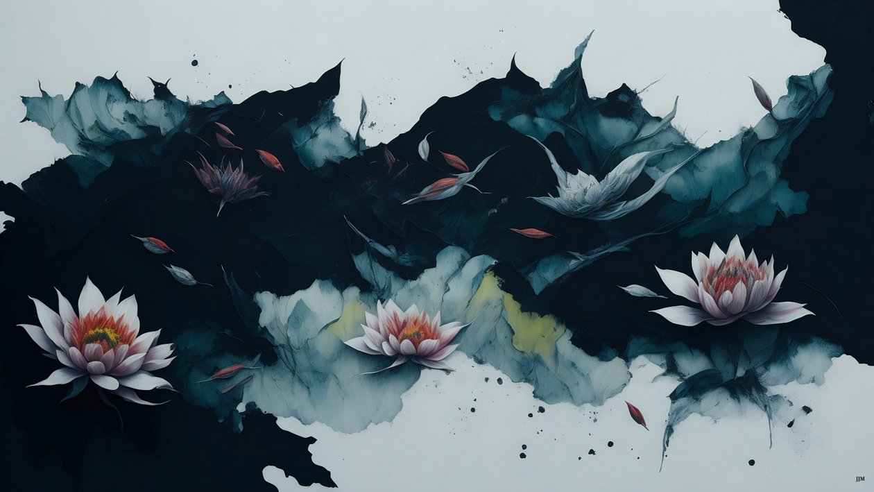 bläckmålning: waterlili-black_01 av Josef Johann Michel