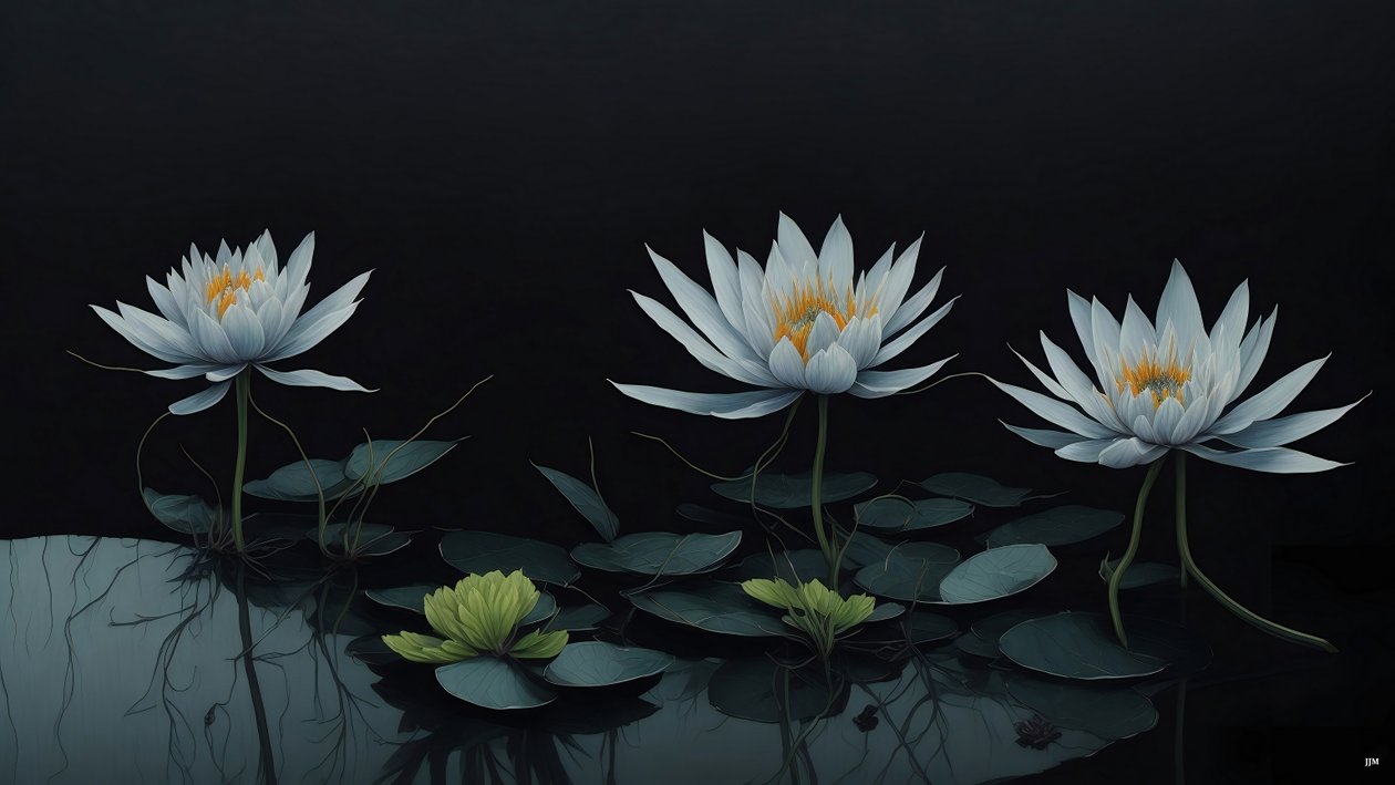 bläckmålning: waterlili-black_04 av Josef Johann Michel