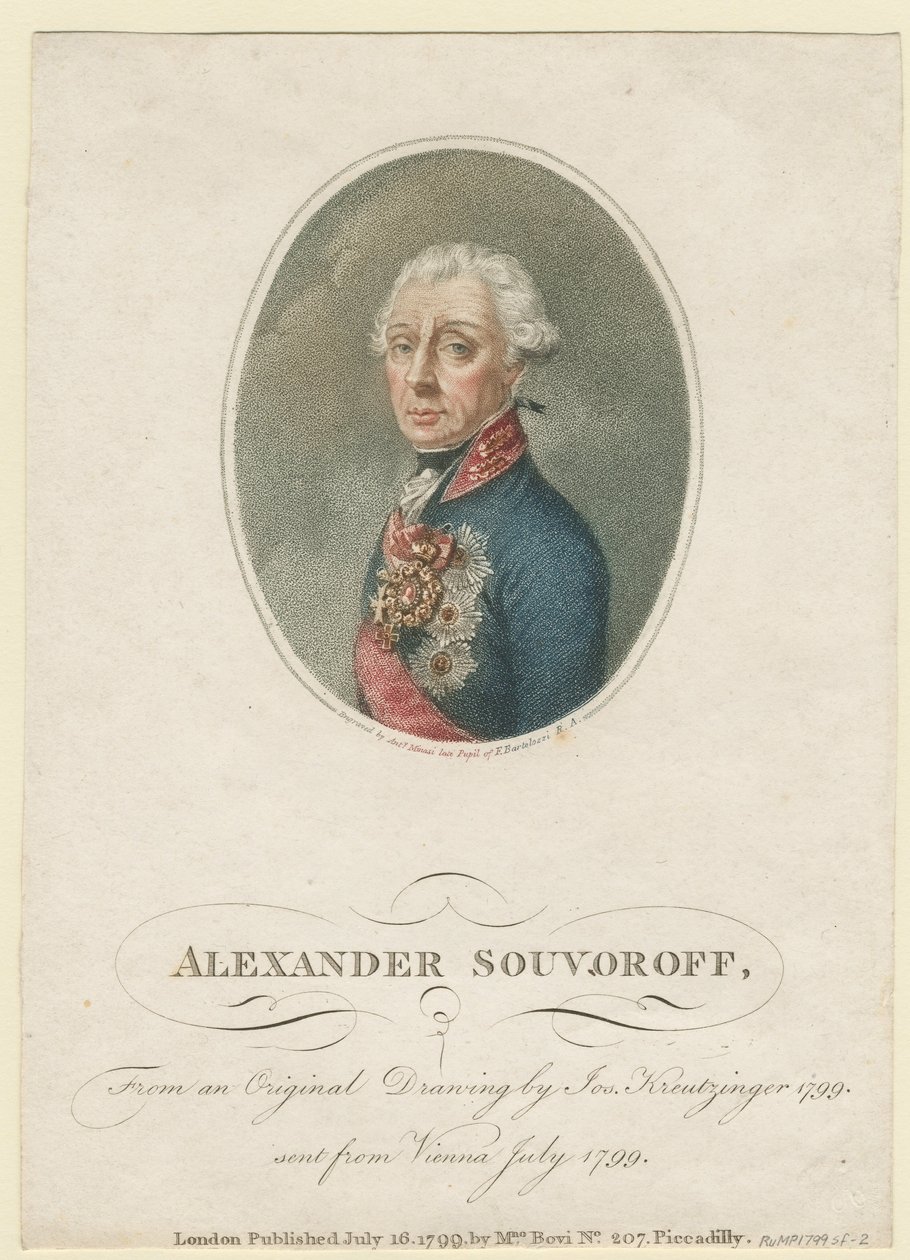 Porträtt av fältmarskalk generalissimo prins Alexander Suvorov 1729–1800, 1799 av Josef Kreuzinger