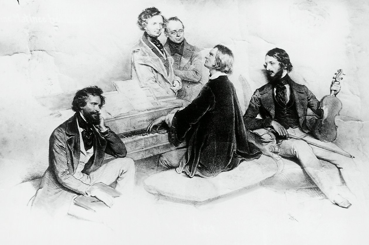 Matiné hemma hos Liszt, från vänster till höger, Kriehuber, kompositören Hector Berlioz (1803-1869), Carl Czerny (1791-1857) Liszts lärare, Franz Liszt (1811-1866) och violinisten Heinrich Wilhelm Ernst (1840-1865), Litografi av Josef Kriehuber (1800-1876) av Josef Nikolaus Kriehuber