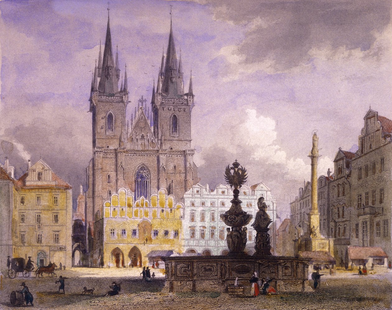 Krocínfontänen, Prag, 1864 (färgat stålgravyr) av Josef Vojtech Hellich