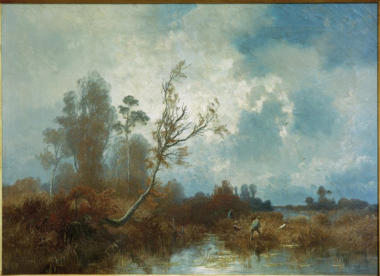 Höstdag i Dachauer Moos med jägare och hundar av Josef Wenglein