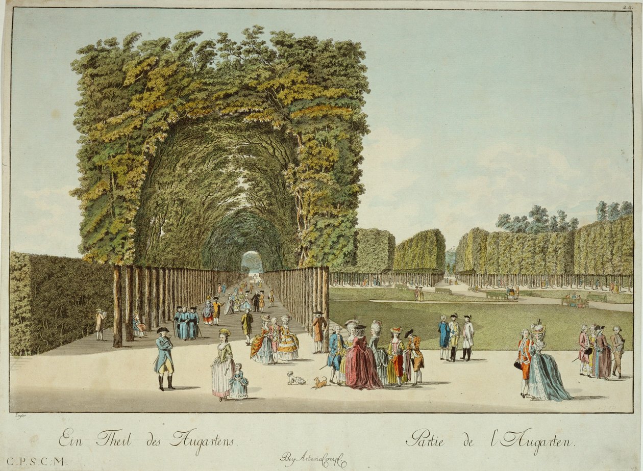 En del av Augarten-parken, som öppnades för allmänheten av kejsar Joseph II ... (gravyr) av Josef Ziegler