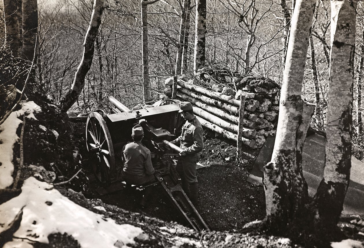 Album "Mitt världskrig - minnen av sydvästra fronten i Kärnten, Italien, Trentino-Alto Adige) 31/03/1915-12/11/1918 - Josef Zohles Vienna ": Soldater med kanon (s/v p av Josef Zohles