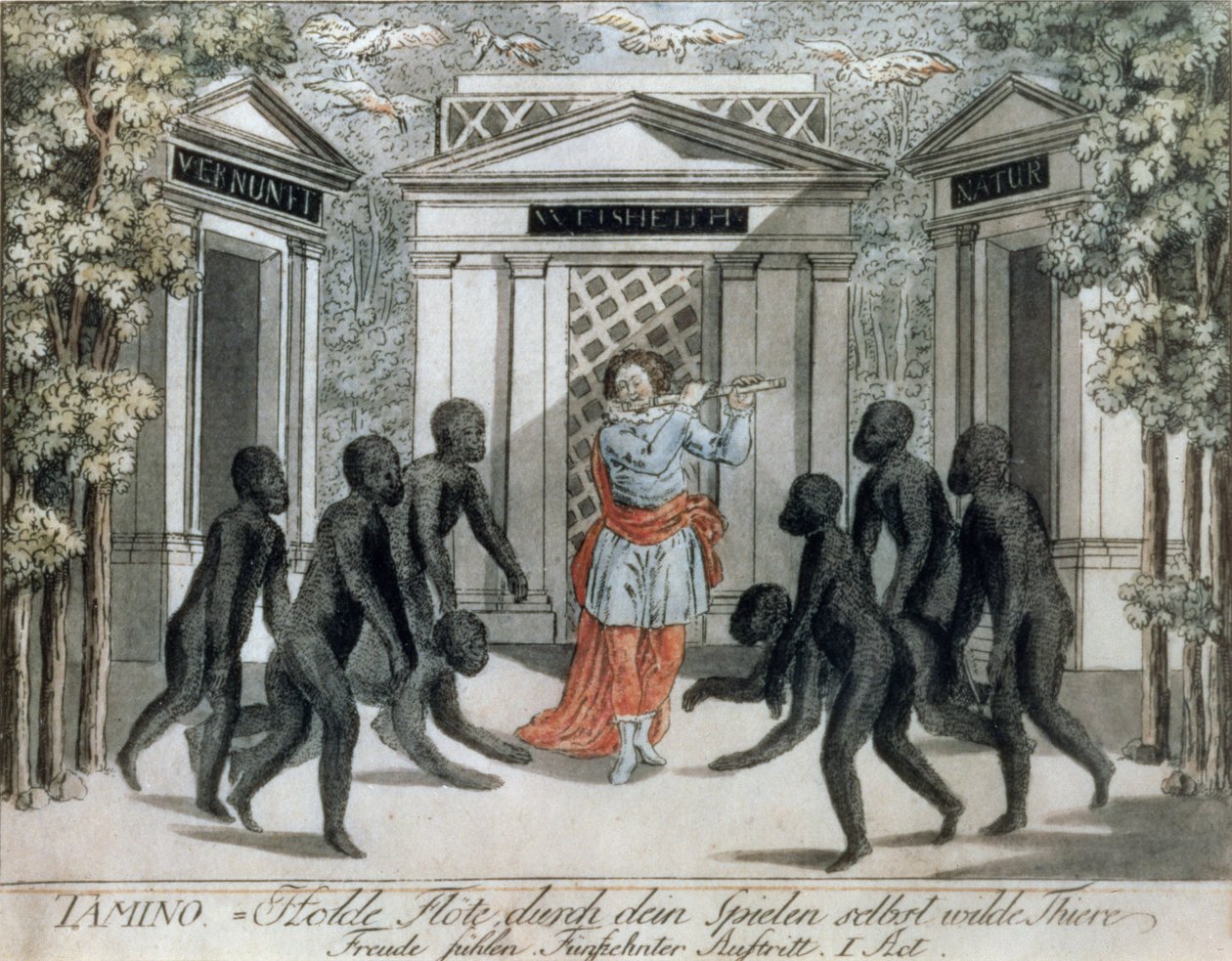 Tamino spelar på den magiska flöjten för att avvärja de vilda djuren, första akten, scen xv, från "Trollflöjten" av Wolfgang Amadeus Mozart (1756-91), ca 1793. av Joseph and Peter Schaffer