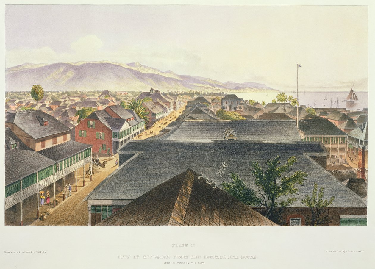City of Kingston från Commercial Rooms, Looking Towards the East, skylt 17 från "West Indian Scenery: Illustrations of Jamaica", graverad av konstnären, pub. 1838-40 av Joseph Bartholomew Kidd