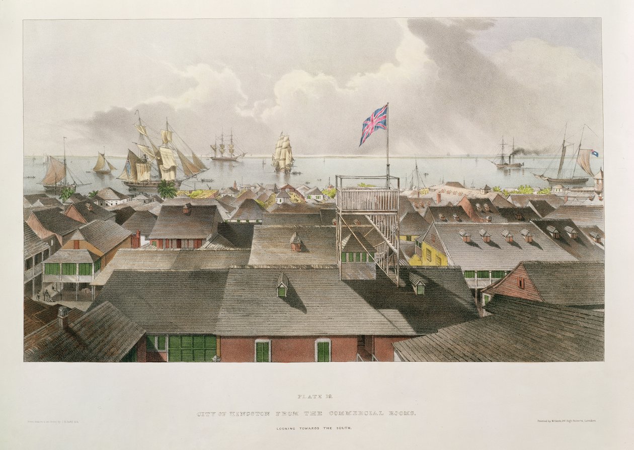 City of Kingston från Commercial Rooms, Looking Towards the South, skylt 19 från "West Indian Scenery: Illustrations of Jamaica", graverad av konstnären, pub. 1838-40 av Joseph Bartholomew Kidd