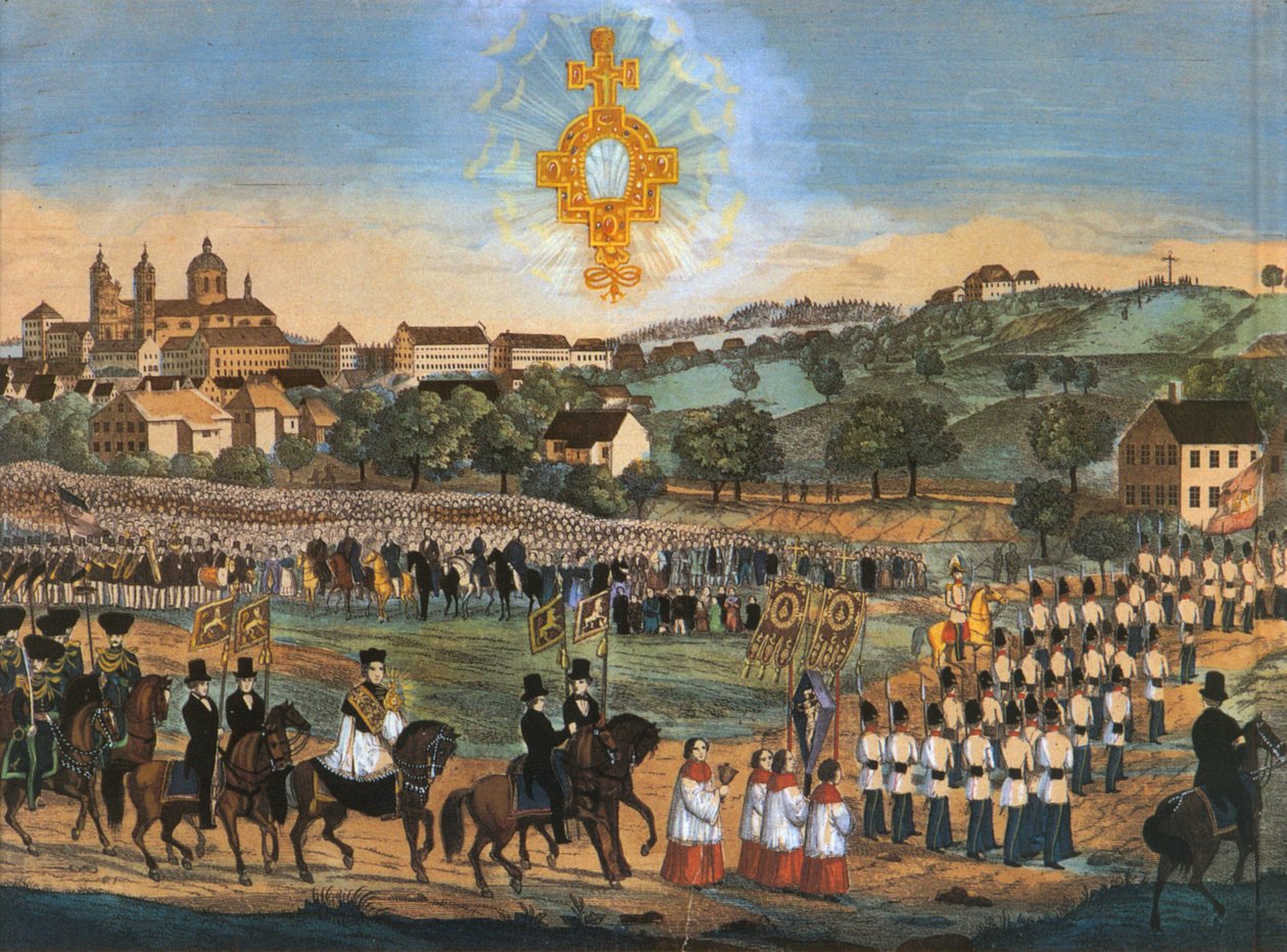 Altdorf-Weingarten, Holy Blood Procession 1849 eller under de följande åren; färgad litografi, variant med Holy Blood -relik i himlen av Joseph Bayer
