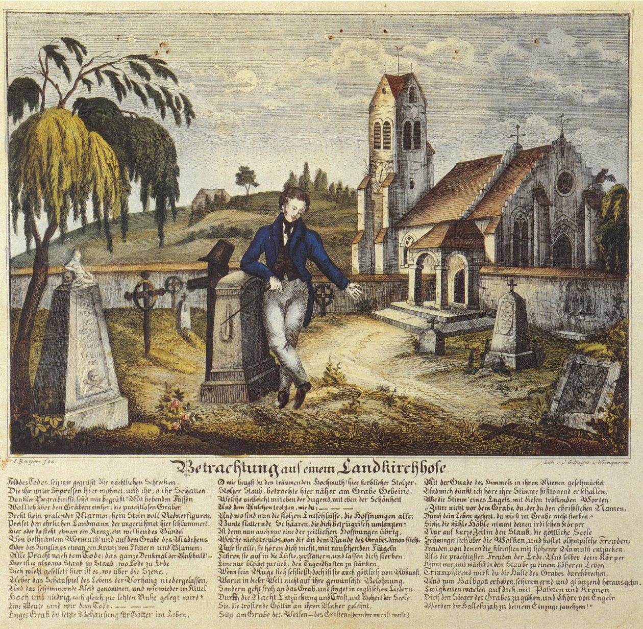 Kontemplation på en lantkyrkogård, andaktbild med bönstext, teckning av Josef Bayer av Joseph Bayer