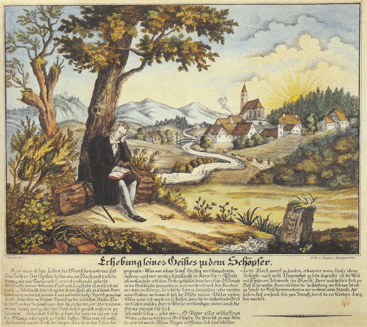 Höjning av hans ande till skaparen, hängiven bild med bönstext, färgad litografi, före 1846 av Joseph Bayer