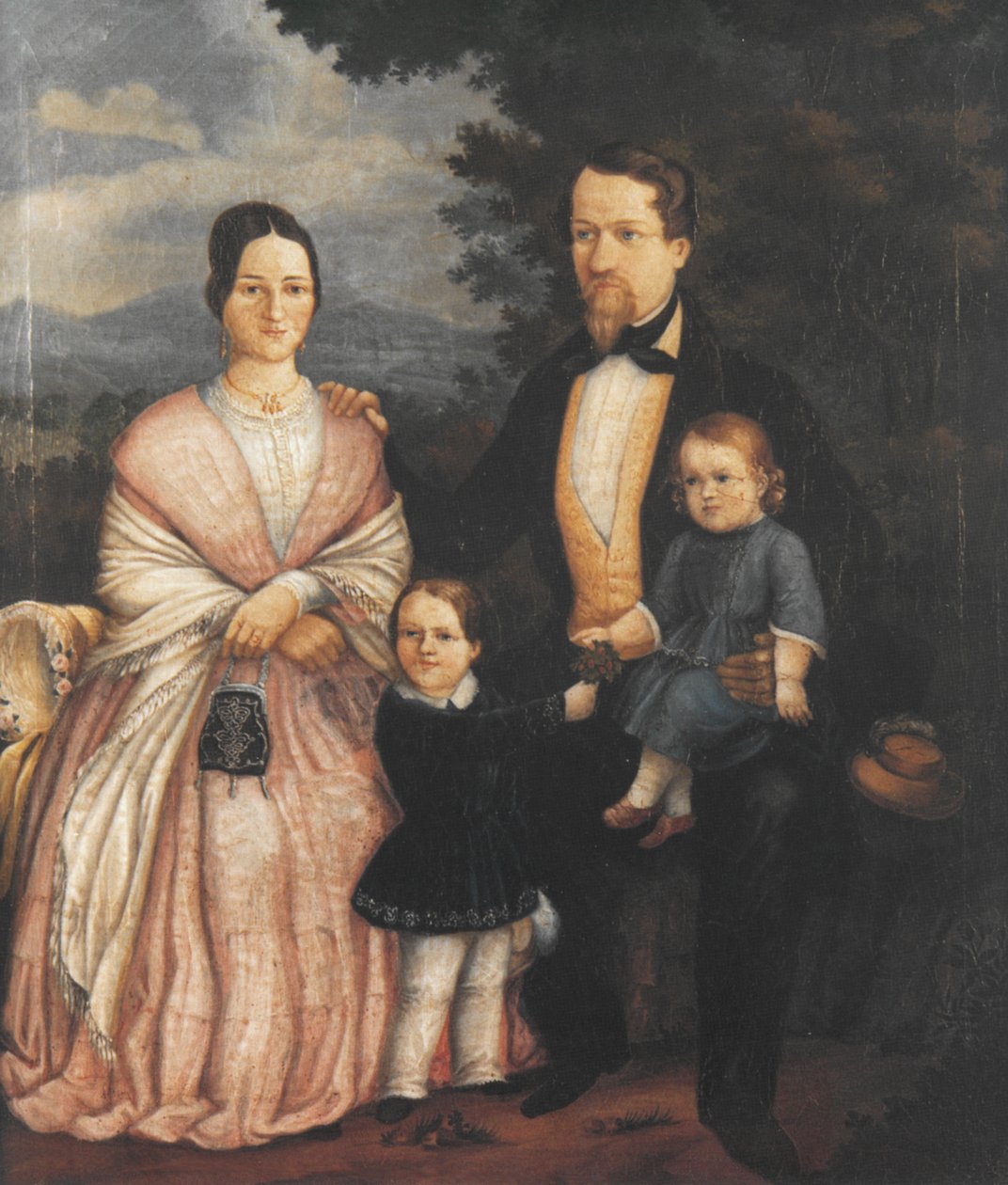 Självporträtt av Joseph Bayer med sin fru Lisette Bayer, född Kerner, och deras barn Eugen (* 1846) och Albert (* 1851); Oljemålning, 1853 av Joseph Bayer