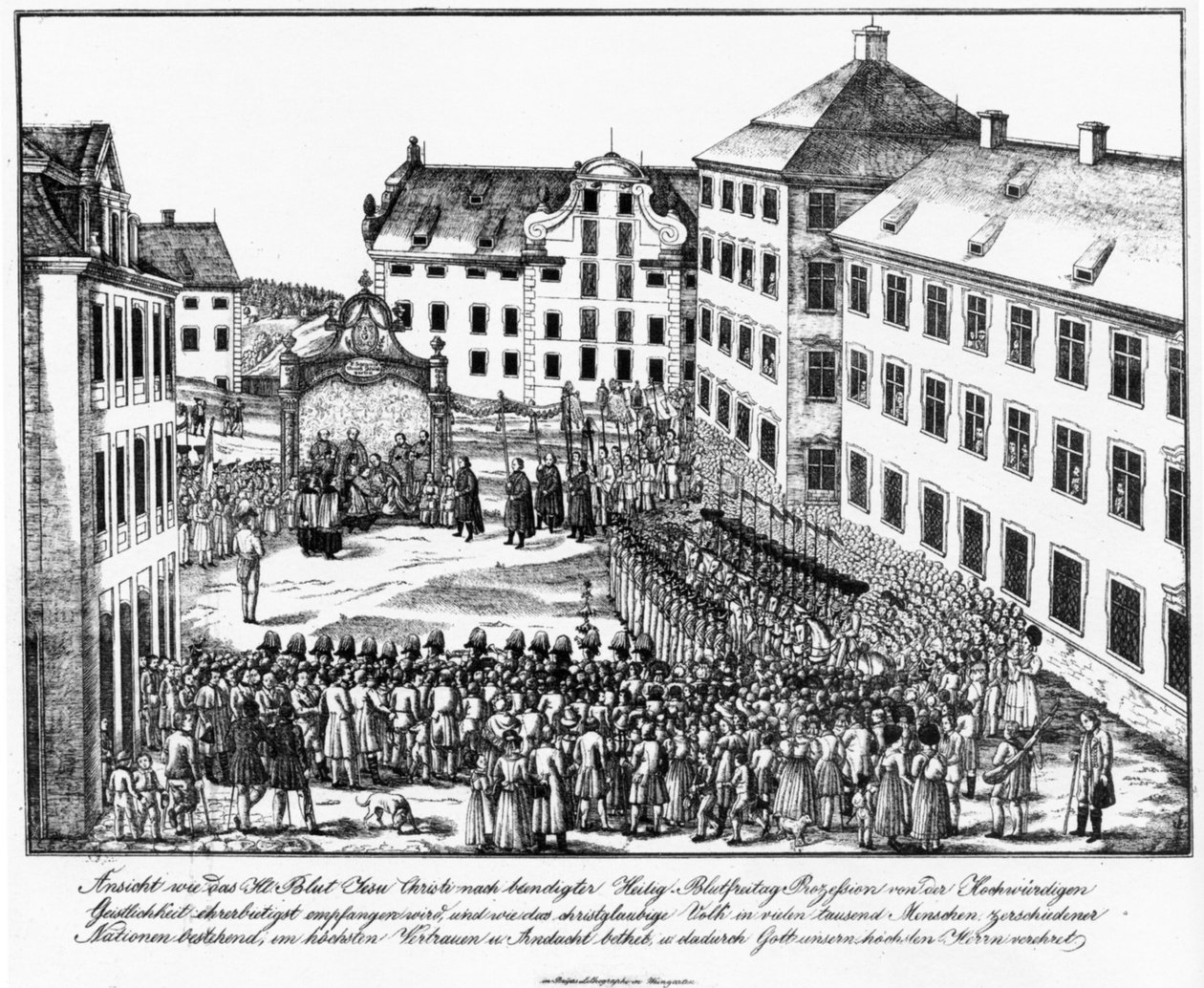 Weingarten, klostergården, mottagande av Holy Blood Reqlique av prästerskapet efter processionen av Holy Blood, tidigt 1840 -tal av Joseph Bayer