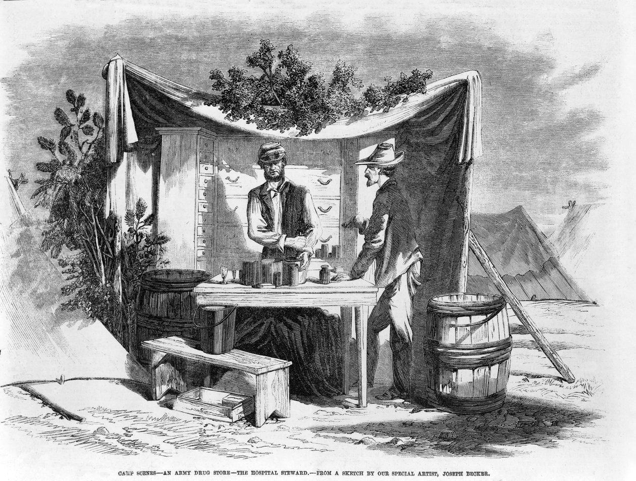 Scener från lägret - en apoteksaffär i armén - sjukhusföreståndaren, pub. 1864 av Joseph Becker